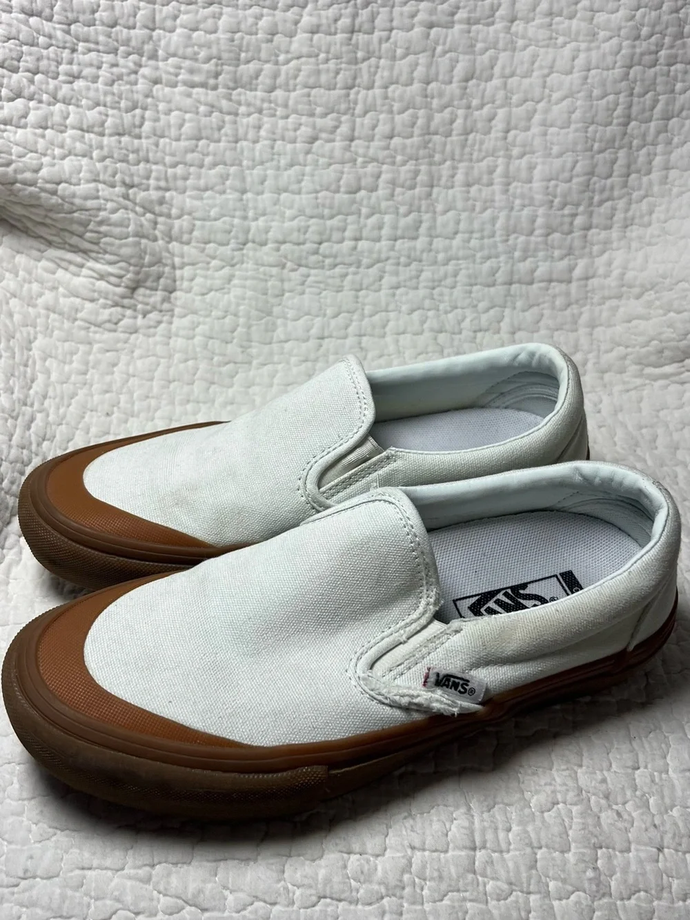 Vans White Canvas Slip-On with Brown Gum Toe and Sole